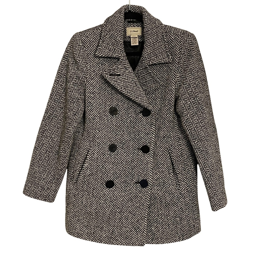 LLBean Womens Petite Herringbone Double Breasted Wool Blend Coat Size 6